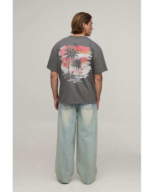 BoohooMAN Gray Oversized Sunset Palm Print T-Shirt Cotton for men