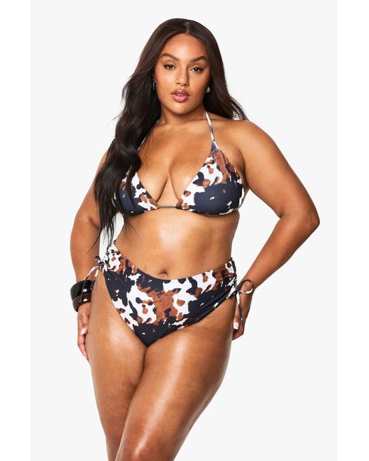 Boohoo Orange Plus Cow Print Triangle High Waist Bikini Bottom