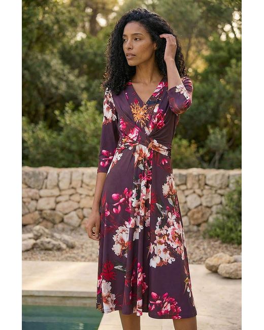 Roman Red Floral Crossover Stretch Midi Dress