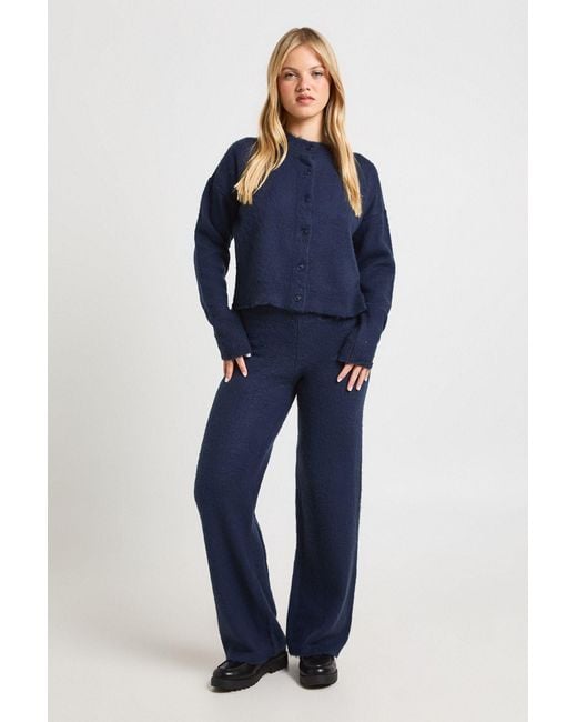 Boohoo Blue Petite Soft Knit Button Through Cardigan And Wide Leg Trouser Co-Ord