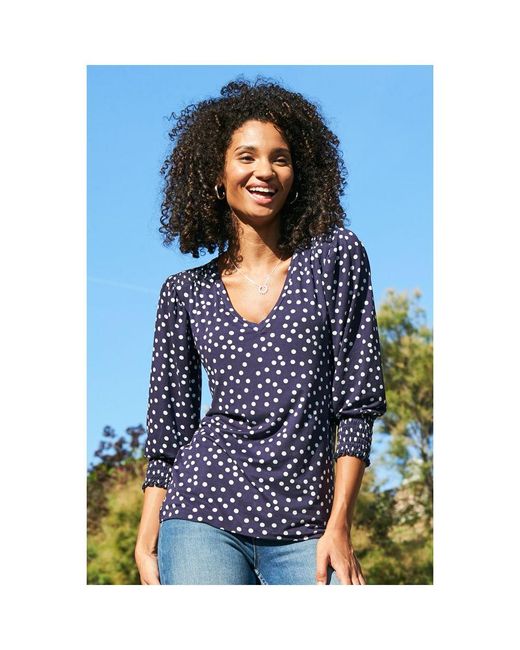 Sosandar Blue Spot Print Shirred Cuff V Neck Top Viscose