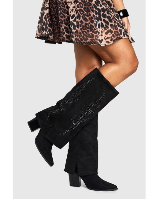 Boohoo Black Western Detailed Foldover Boot