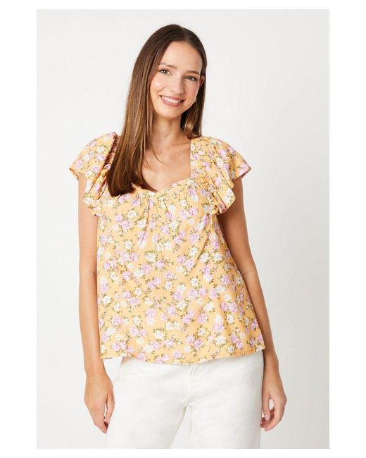 Dorothy Perkins Natural Floral V Neck Frill Sleeve Blouse Viscose