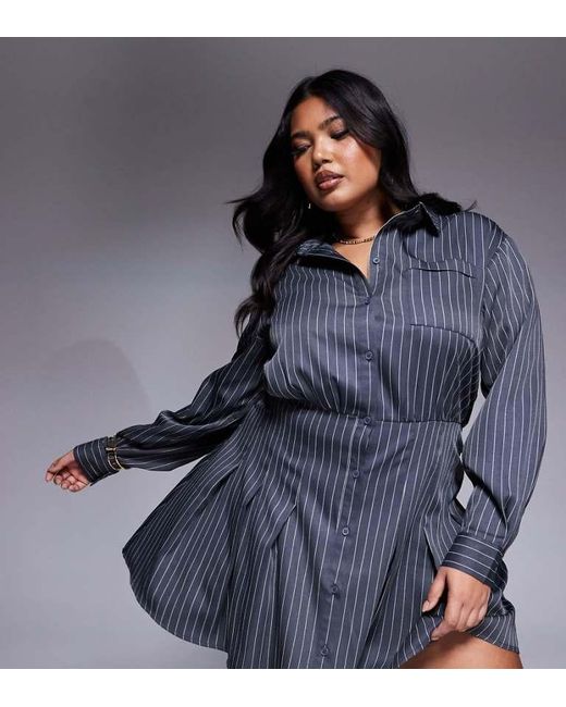 In The Style Blue Plus X Natalya Wright Exclusive Tailored Pleated Mini Shirt Dress