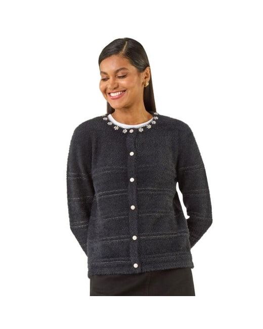 Roman Black Fluffy Faux Pearl Knit Cardigan