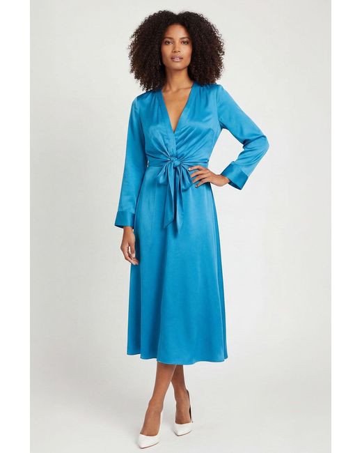 River Island Blue Silky Long Sleeve Knot Front Dress