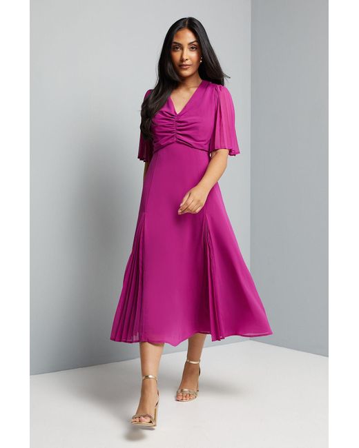 Wallis Pink Petite Pleat Insert V Neck Midaxi Dress