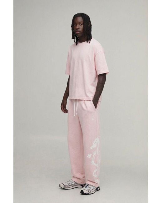 BoohooMAN Pink Balloon Fit Dragon Printed Washed Joggers for men