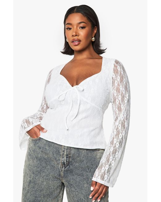 Boohoo White Plus Tie Front Long Sleeve Flare Sleeve Top