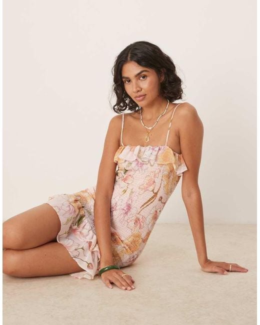 ASOS Natural Cami Tie Shirred Ruffle Mini