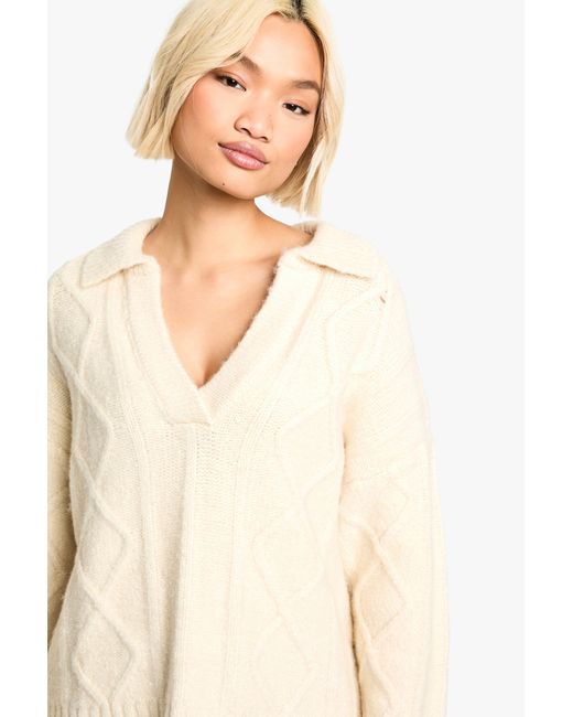Boohoo Natural Cable V Neck Collared Knit Jumper