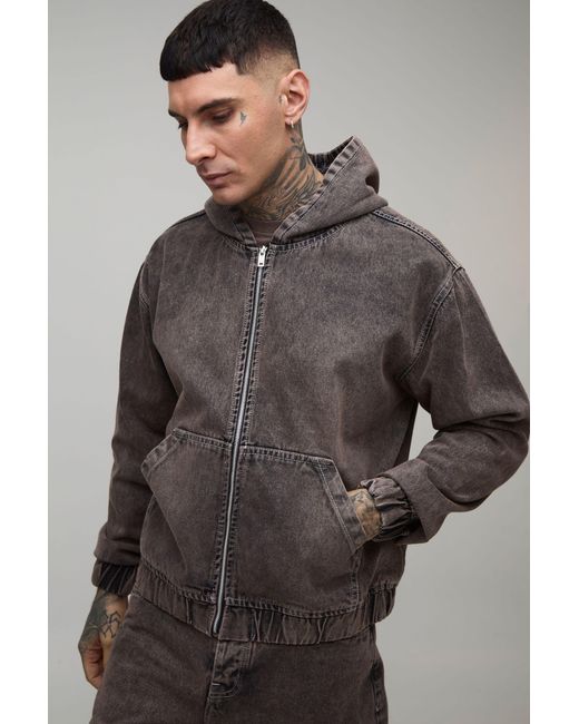 BoohooMAN Gray Tall Washed Denim Zip Up Hoodie for men