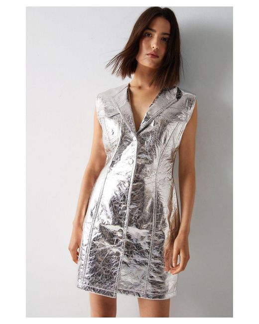 Warehouse White Metallic Crackle Faux Leather Mini Dress