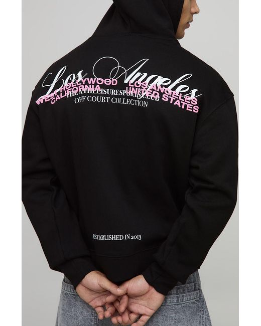 BoohooMAN Black Oversized Boxy Zip Through Los Angeles Puff Print Hoodie for men