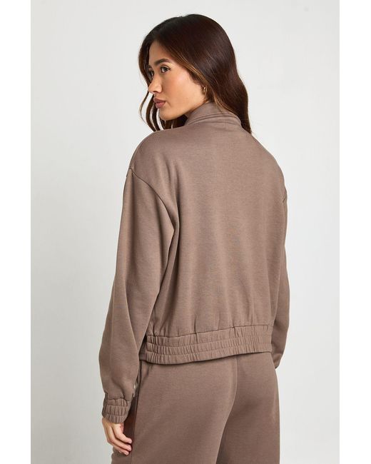 Boohoo Brown Interlock Cargo Pocket Zip Through Bomber Sweatshirt