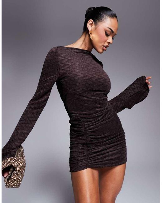 ASOS Black Long Sleeve Plisse Low Back Mini Dress With Wrap Skirt