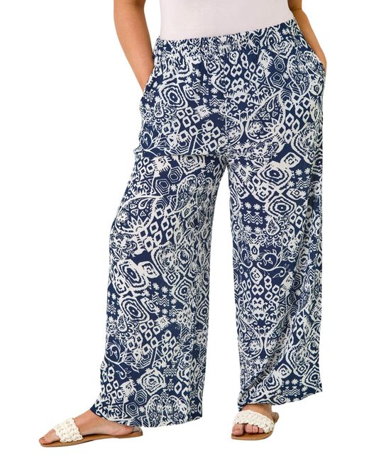 Roman Blue Curve Ikat Print Wide Leg Trouser