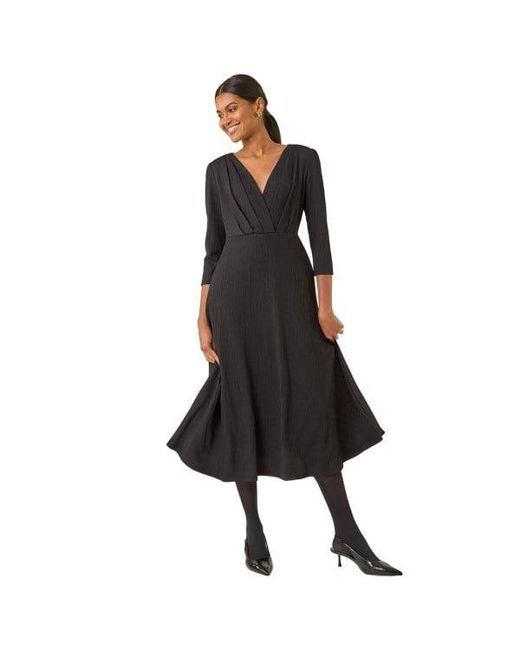 Roman Black Textured Wrap Midi Dress