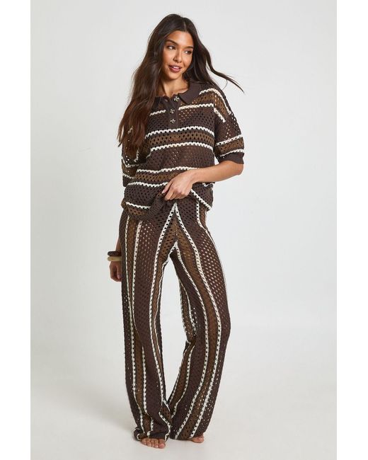 Boohoo Brown Stripe Crochet Button Down Shirt And Wide Leg Trouser Co-Ord