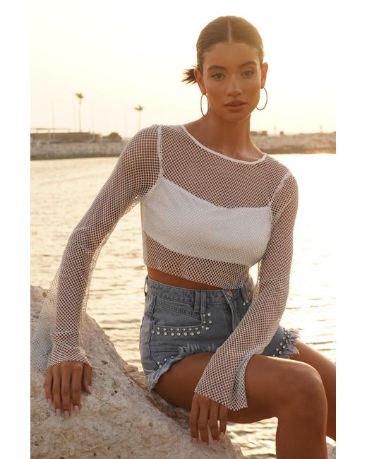 Quiz Brown Diamante Embellished Mesh Crop Top