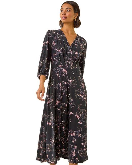 Roman Black Floral Print Stretch Midi Dress