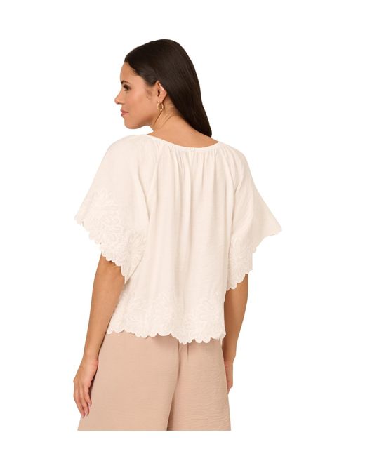 Adrianna Papell Natural Boat Neck Crinkled Woven Embroidered Floral Hem Top
