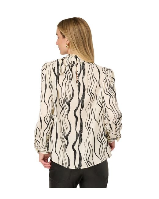 Adrianna Papell White Shirred Bow Tie Neck Printed Woven Blouse With Pleats