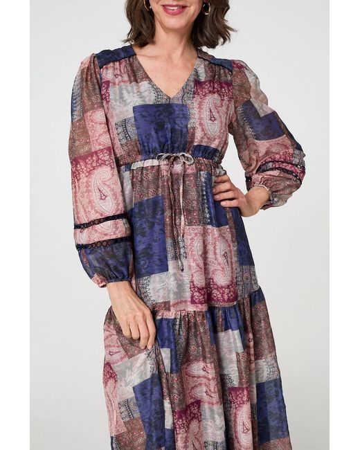 Izabel London Blue Patchwork Print Empire V-Neck Maxi Dress