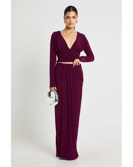 Boohoo Red Double Layer Slinky Ruhed Front Maxi Skirt