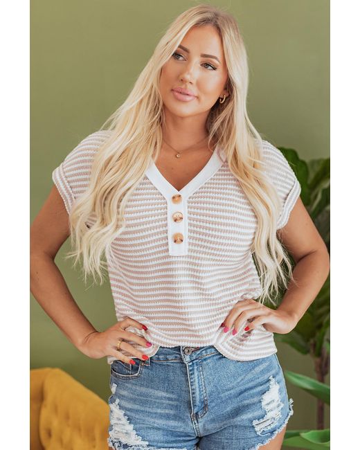 Azura Exchange Green Gestreiftes Strick-Top Mit Kurzem Ärmel Und V-Ausschnitt