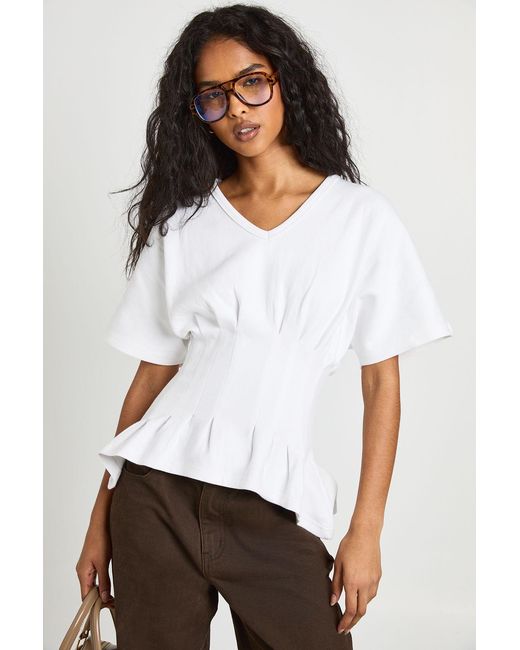 Boohoo White Interlock V Neck Cinched Waist Peplum T-Shirt