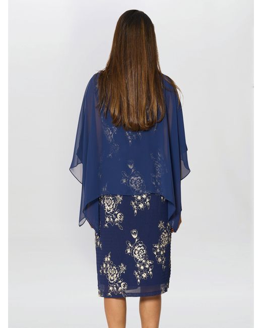 Gina Bacconi Blue Anne Foil Dress With Chiffon Cape