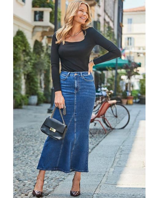 Sosandar Blue Mid Figure-Flattering Denim Skirt