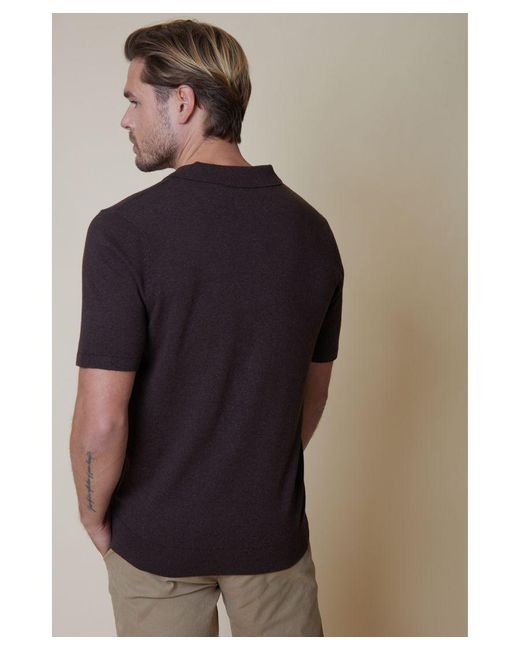 Threadbare Brown 'Desford' Cotton Mix Trophy Neck Short Sleeve Knitted Polo for men