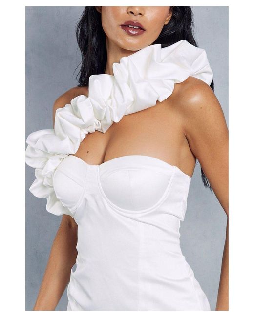 MissPap White Premium Asymmetric Frill Bodycon Mini Dress