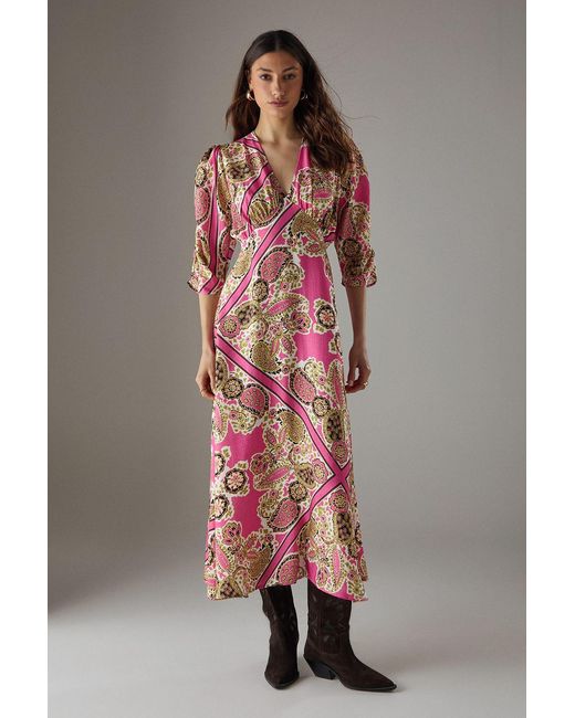 Warehouse Multicolor Viscose Paisley V Neck Puff Sleeve Midi