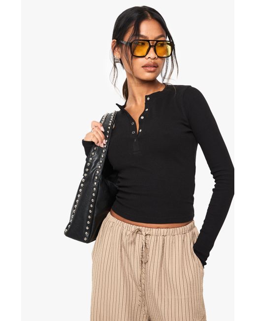 Boohoo Black Popper Front Rib Long Sleeve Top