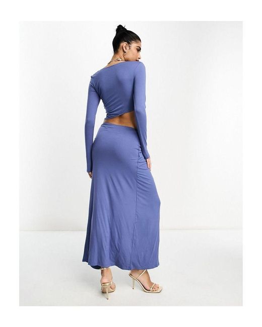 ASOS Blue Long Sleeve Asymmetric Neck With Waist Cut Out Midi Dress