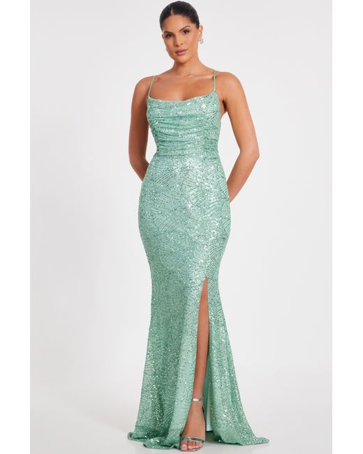 Quiz Green Sequin Fishtail Maxi Dress