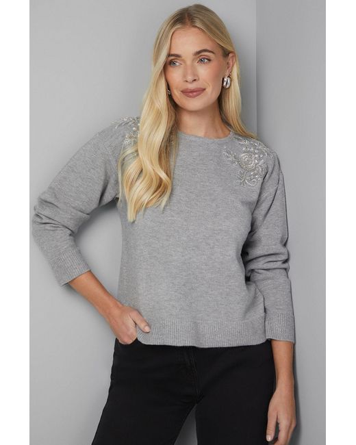 Wallis Gray Petite Embellished V Neck Jumper
