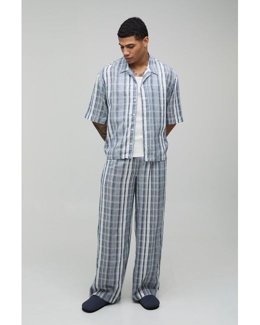 BoohooMAN Blue Lightweight Cheesecloth Stripe Oversized Shirt & Relaxed Trouser Set for men