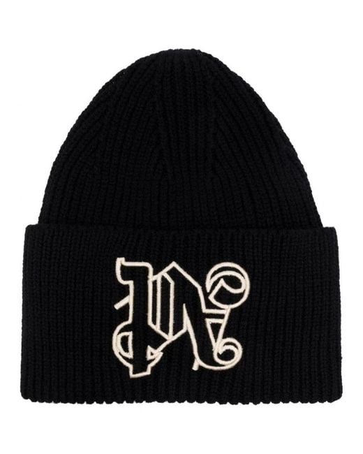 Palm Angels Black Embroidered Monogram Beanie for men