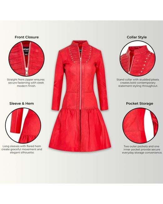 Infinity Leather Red Goth Victorian Studded Flare Coat- Ribet Lamb Leather