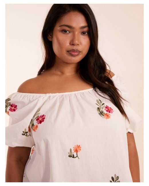 Blue Vanilla Pink Curve Milkmaid Flower Embroidered Top