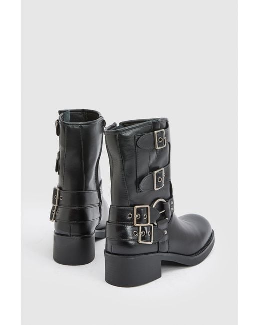 Faith Black Seline Faux Leather Medium Block Heel Biker Boots
