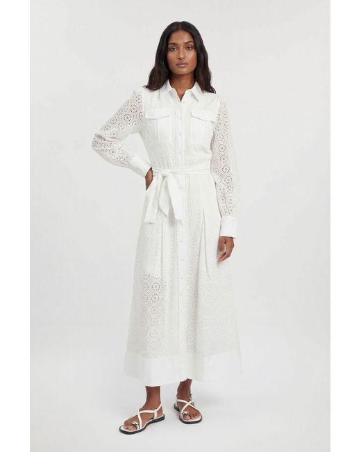 Karen Millen White Cotton Broderie Belted Shirt Dress