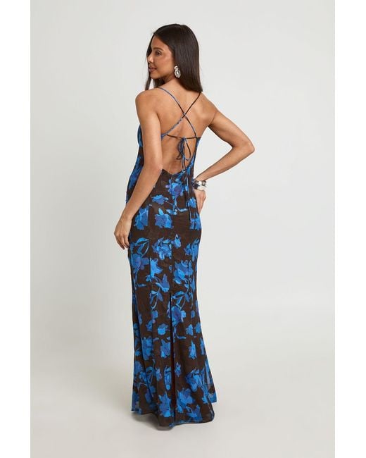 Boohoo Blue Jacquard Floral Bust Detail Fitted Maxi Dress