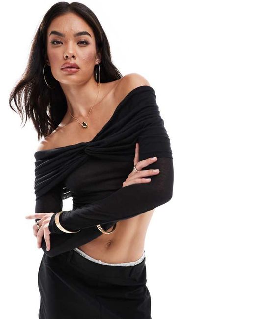 SNDY'S Black Mesh Bardot Twist Overlay Detail Top