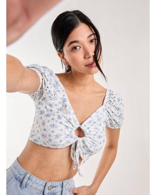 Pink Vanilla White Floral Broderie Puff Sleeve Top