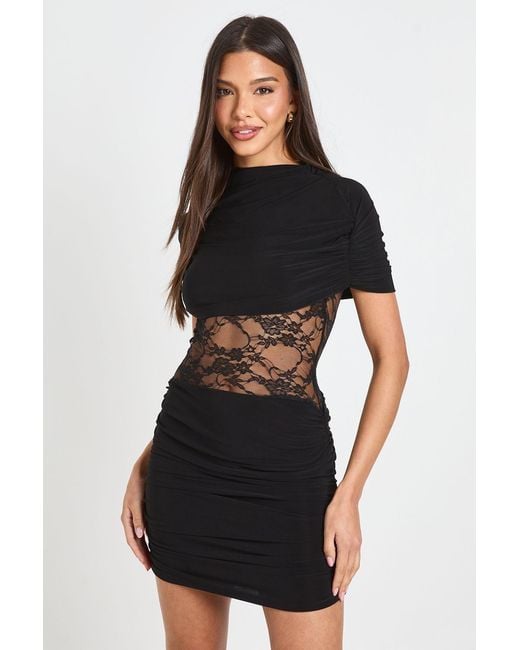Boohoo Black Slinky Lace Insert Cape Sleeve Dress